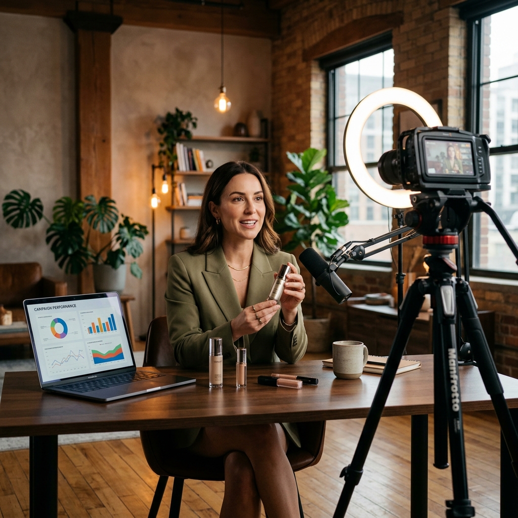 Influencer reviewing product in modern studio setup